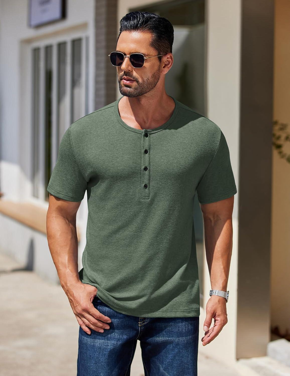 imageCOOFANDY Mens Cotton Henley TShirts Short Sleeve Button Casual Basic Tees Work Shirts with Split SideGreen