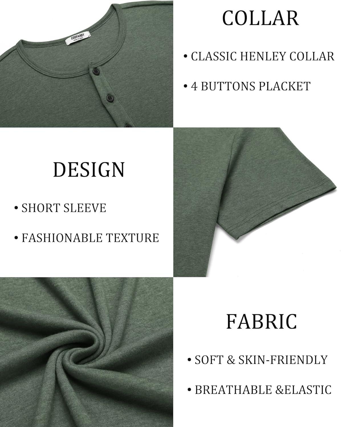 imageCOOFANDY Mens Cotton Henley TShirts Short Sleeve Button Casual Basic Tees Work Shirts with Split SideGreen
