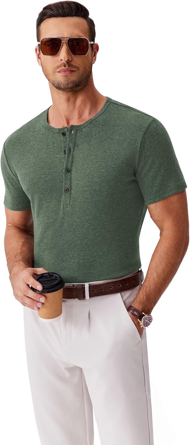 imageCOOFANDY Mens Cotton Henley TShirts Short Sleeve Button Casual Basic Tees Work Shirts with Split SideGreen