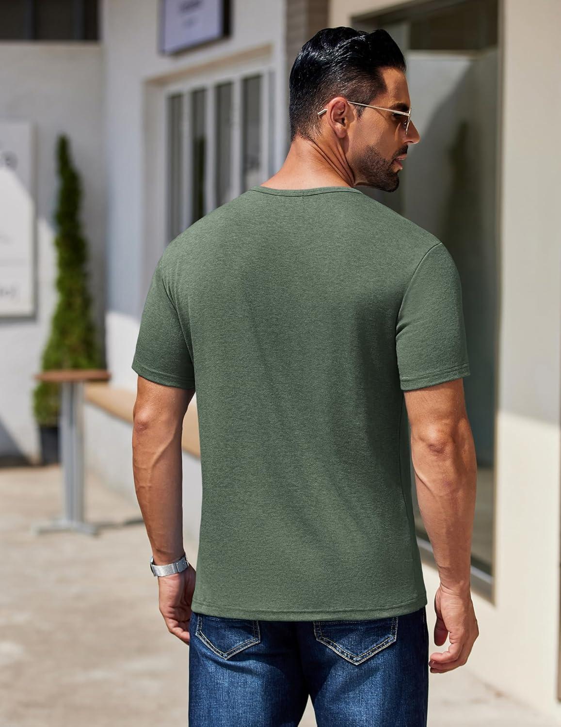 imageCOOFANDY Mens Cotton Henley TShirts Short Sleeve Button Casual Basic Tees Work Shirts with Split SideGreen