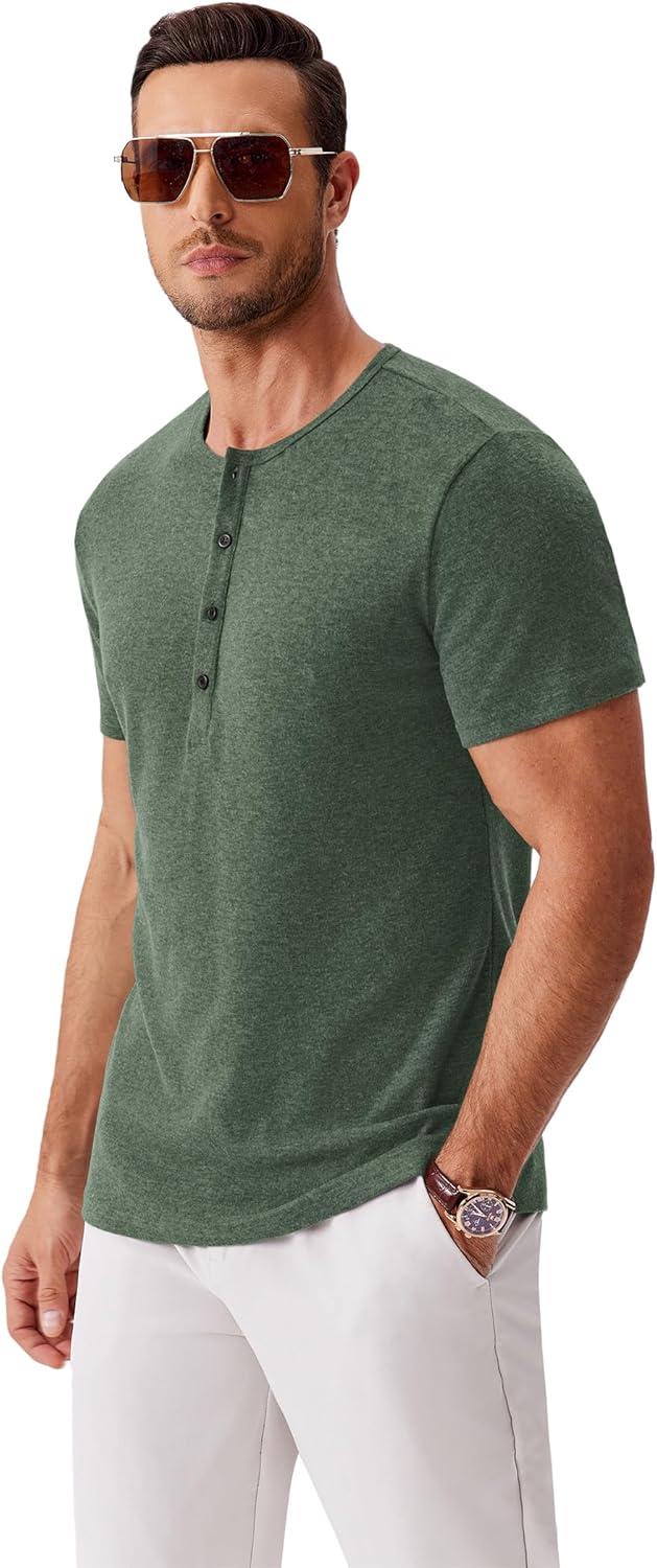 imageCOOFANDY Mens Cotton Henley TShirts Short Sleeve Button Casual Basic Tees Work Shirts with Split SideGreen
