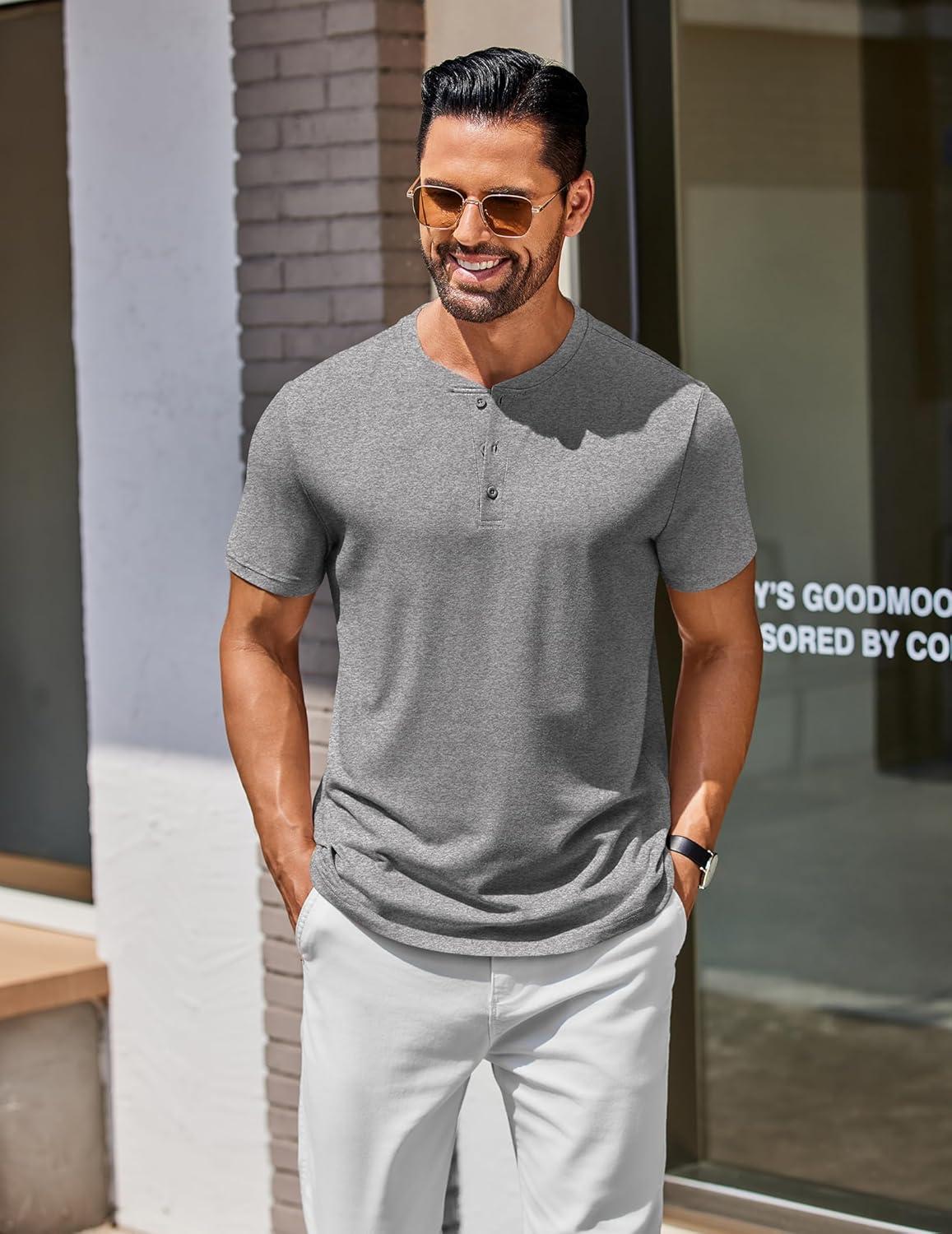 imageCOOFANDY Mens Cotton Henley TShirts Short Sleeve Button Casual Basic Tees Work Shirts with Split SideGrey