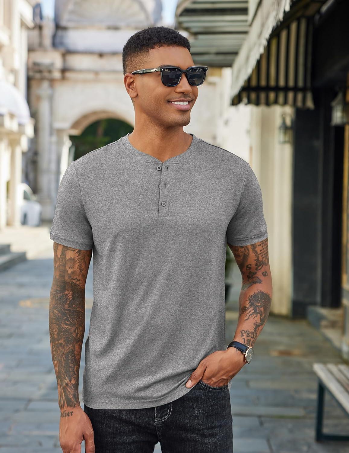 imageCOOFANDY Mens Cotton Henley TShirts Short Sleeve Button Casual Basic Tees Work Shirts with Split SideGrey