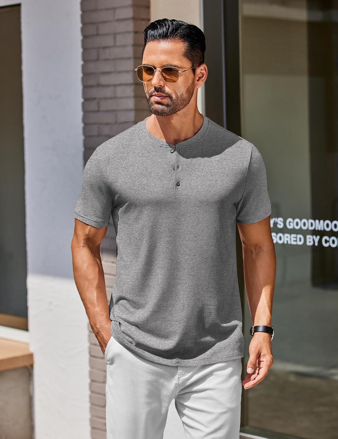 imageCOOFANDY Mens Cotton Henley TShirts Short Sleeve Button Casual Basic Tees Work Shirts with Split SideGrey