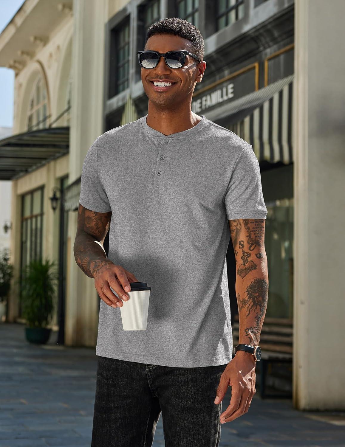 imageCOOFANDY Mens Cotton Henley TShirts Short Sleeve Button Casual Basic Tees Work Shirts with Split SideGrey