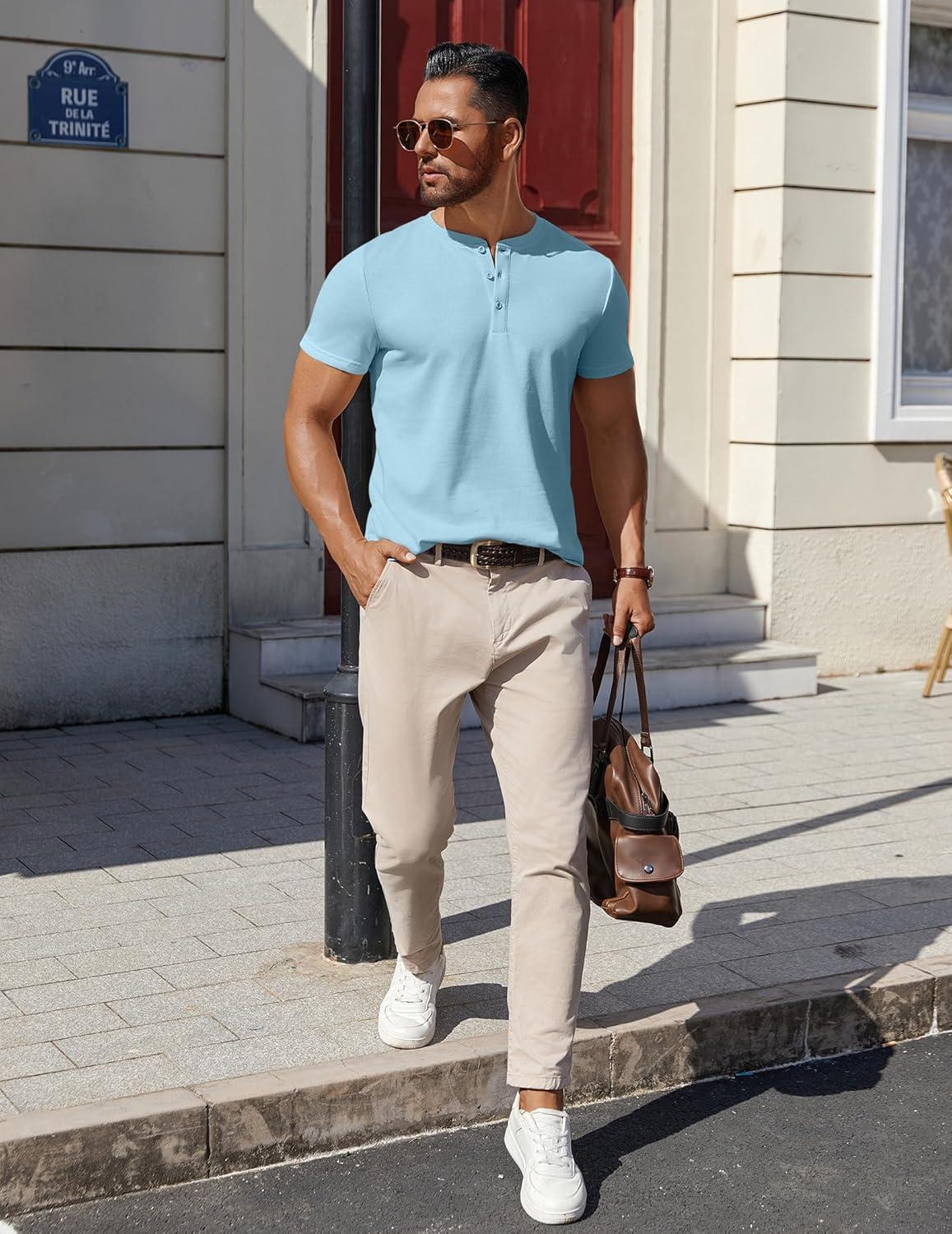 imageCOOFANDY Mens Cotton Henley TShirts Short Sleeve Button Casual Basic Tees Work Shirts with Split SideLight Blue