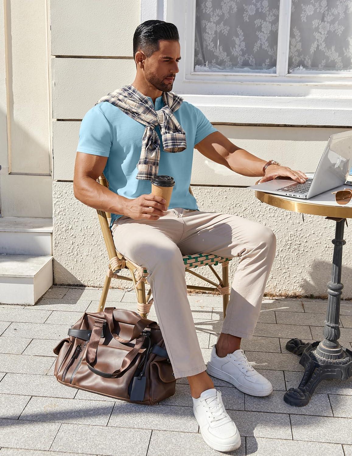 imageCOOFANDY Mens Cotton Henley TShirts Short Sleeve Button Casual Basic Tees Work Shirts with Split SideLight Blue