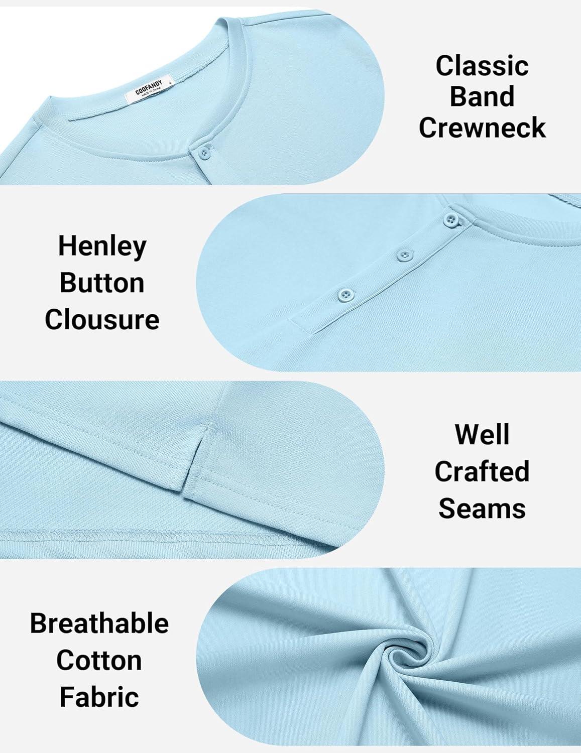 imageCOOFANDY Mens Cotton Henley TShirts Short Sleeve Button Casual Basic Tees Work Shirts with Split SideLight Blue