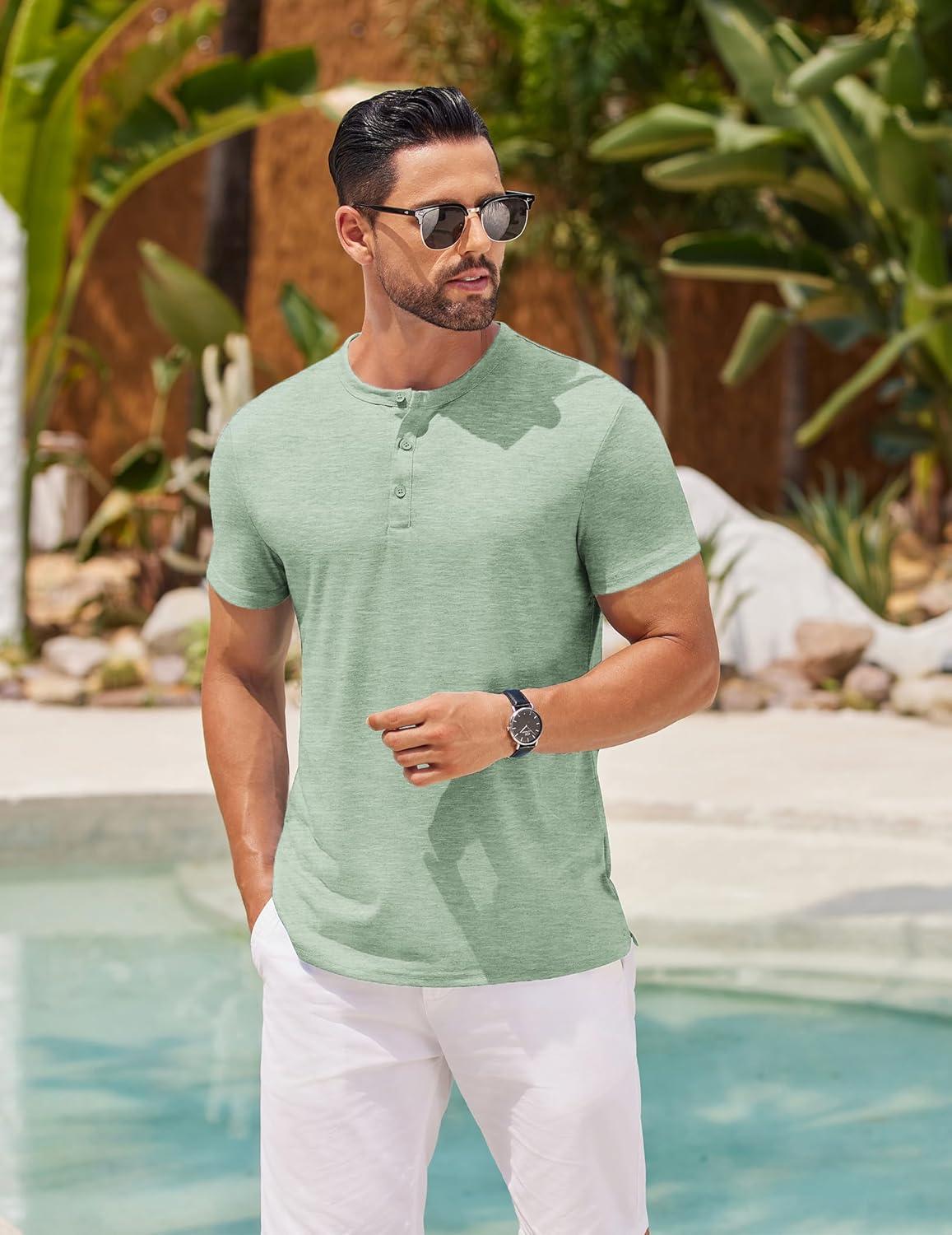 imageCOOFANDY Mens Cotton Henley TShirts Short Sleeve Button Casual Basic Tees Work Shirts with Split SideLight Green