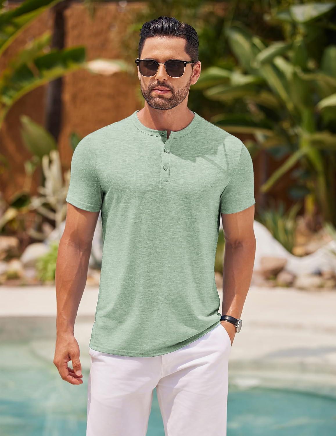 imageCOOFANDY Mens Cotton Henley TShirts Short Sleeve Button Casual Basic Tees Work Shirts with Split SideLight Green