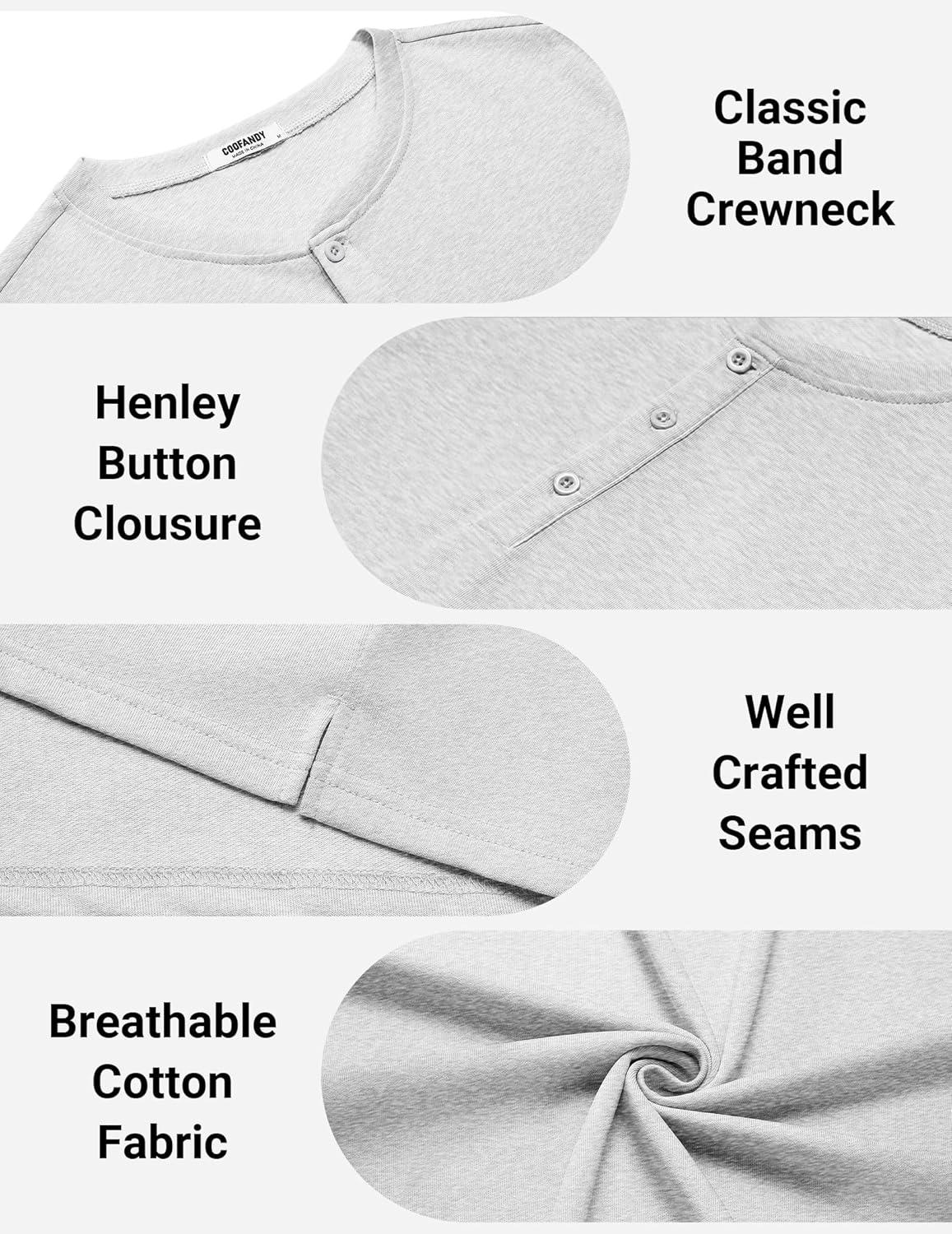 imageCOOFANDY Mens Cotton Henley TShirts Short Sleeve Button Casual Basic Tees Work Shirts with Split SideLight Grey