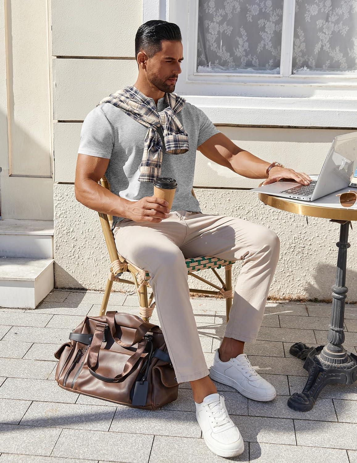 imageCOOFANDY Mens Cotton Henley TShirts Short Sleeve Button Casual Basic Tees Work Shirts with Split SideLight Grey