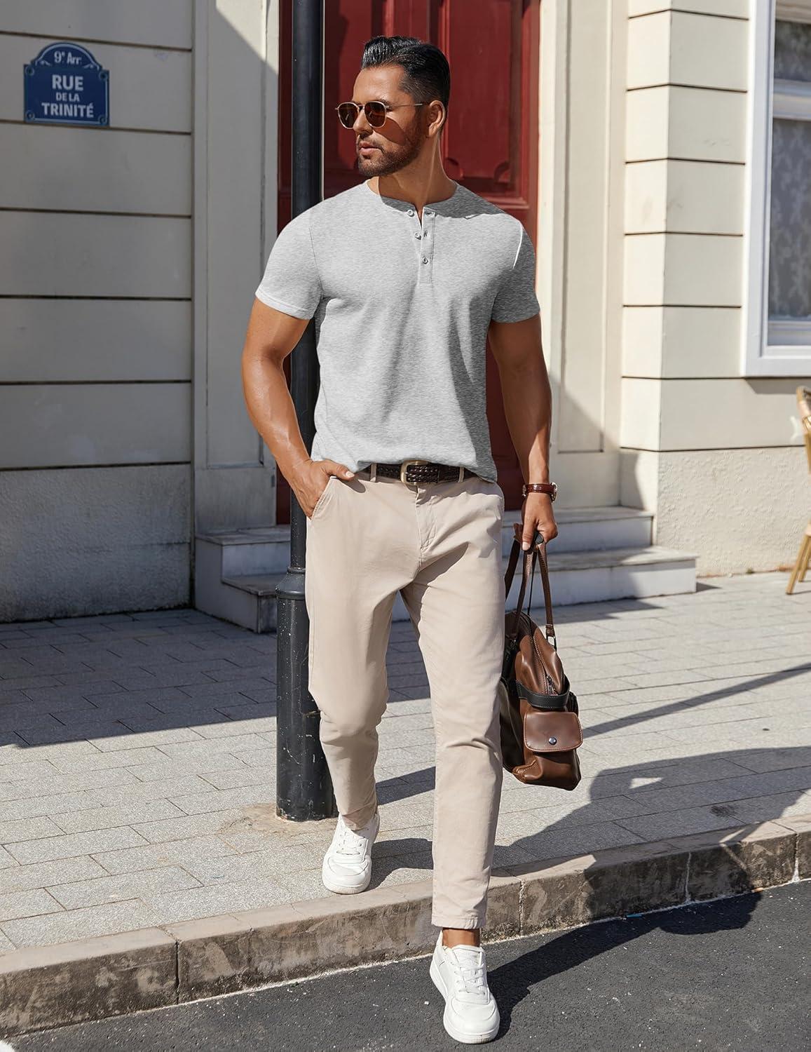 imageCOOFANDY Mens Cotton Henley TShirts Short Sleeve Button Casual Basic Tees Work Shirts with Split SideLight Grey