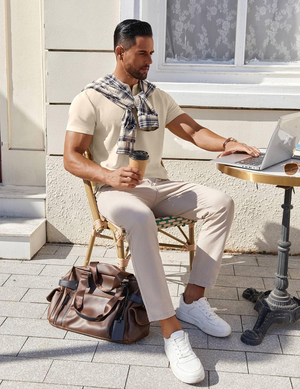 imageCOOFANDY Mens Cotton Henley TShirts Short Sleeve Button Casual Basic Tees Work Shirts with Split SideLight Khaki