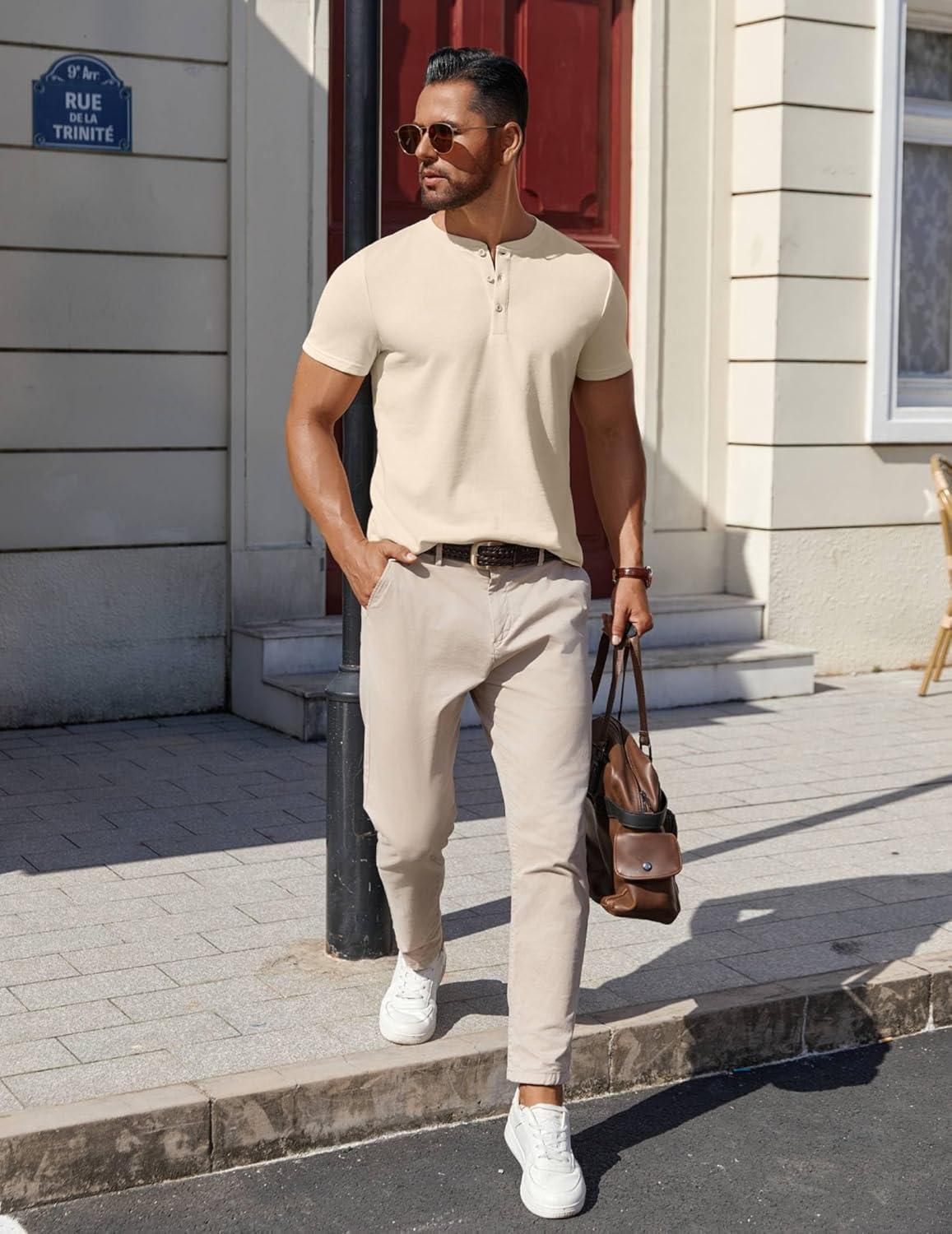 imageCOOFANDY Mens Cotton Henley TShirts Short Sleeve Button Casual Basic Tees Work Shirts with Split SideLight Khaki