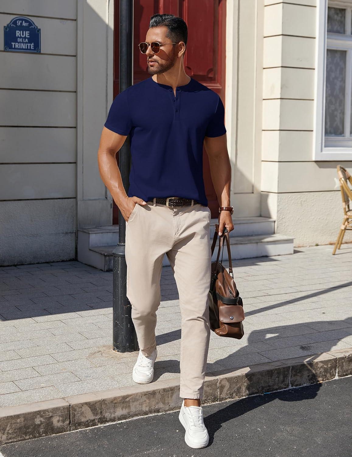 imageCOOFANDY Mens Cotton Henley TShirts Short Sleeve Button Casual Basic Tees Work Shirts with Split SideNavy Blue