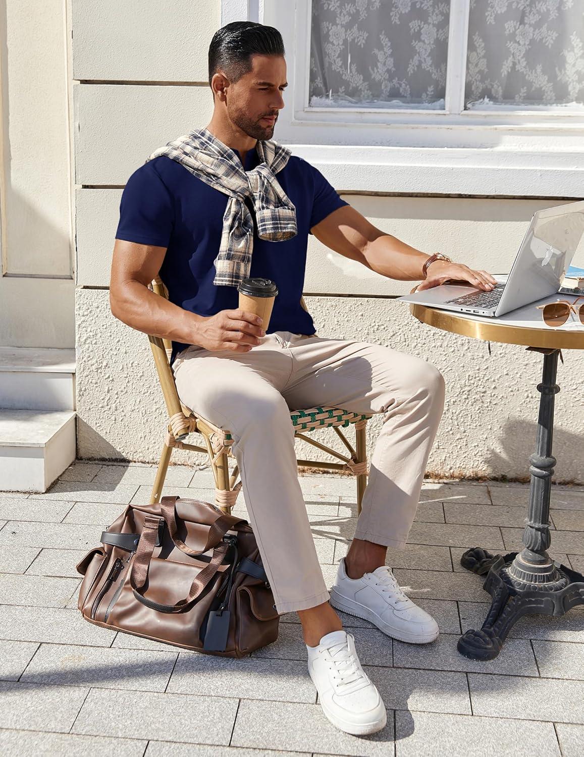 imageCOOFANDY Mens Cotton Henley TShirts Short Sleeve Button Casual Basic Tees Work Shirts with Split SideNavy Blue