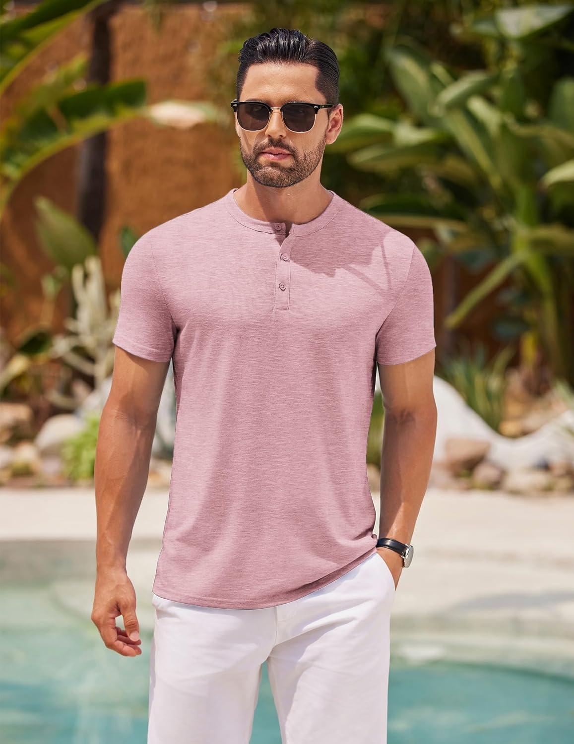 imageCOOFANDY Mens Cotton Henley TShirts Short Sleeve Button Casual Basic Tees Work Shirts with Split SidePink