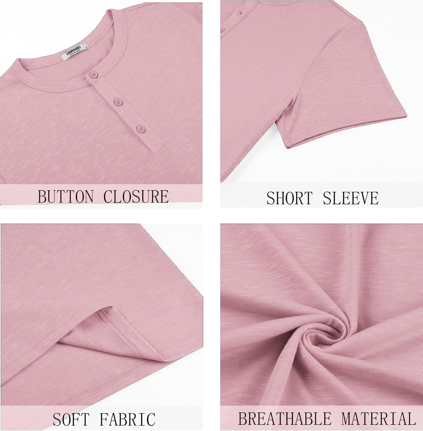 imageCOOFANDY Mens Cotton Henley TShirts Short Sleeve Button Casual Basic Tees Work Shirts with Split SidePink