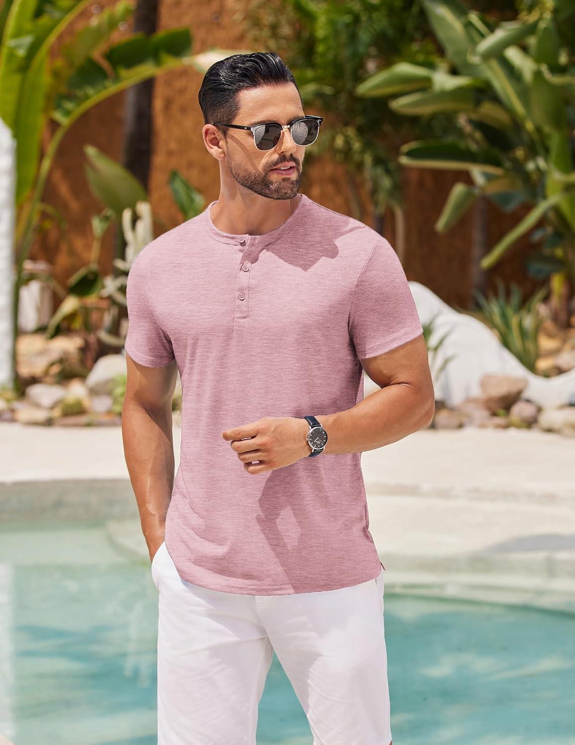 imageCOOFANDY Mens Cotton Henley TShirts Short Sleeve Button Casual Basic Tees Work Shirts with Split SidePink