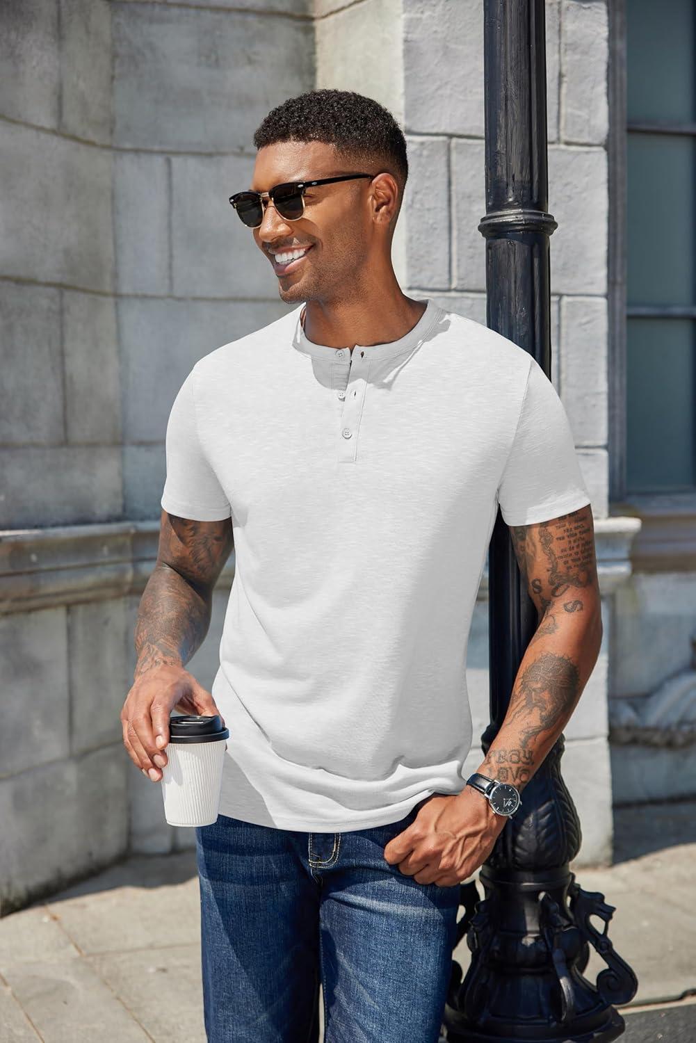 imageCOOFANDY Mens Cotton Henley TShirts Short Sleeve Button Casual Basic Tees Work Shirts with Split SideWhite
