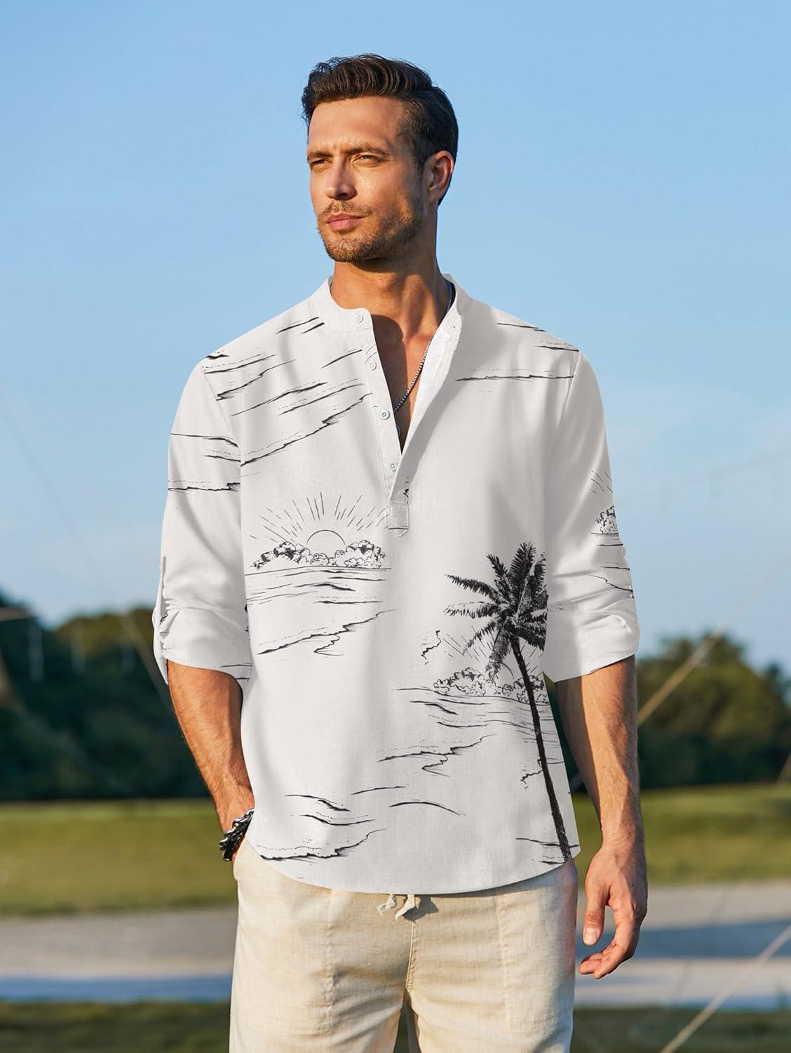 imageCOOFANDY Mens Cotton Linen Henley TShirt Long Sleeve Hippie Casual Beach TShirtsWhite Palm Tree