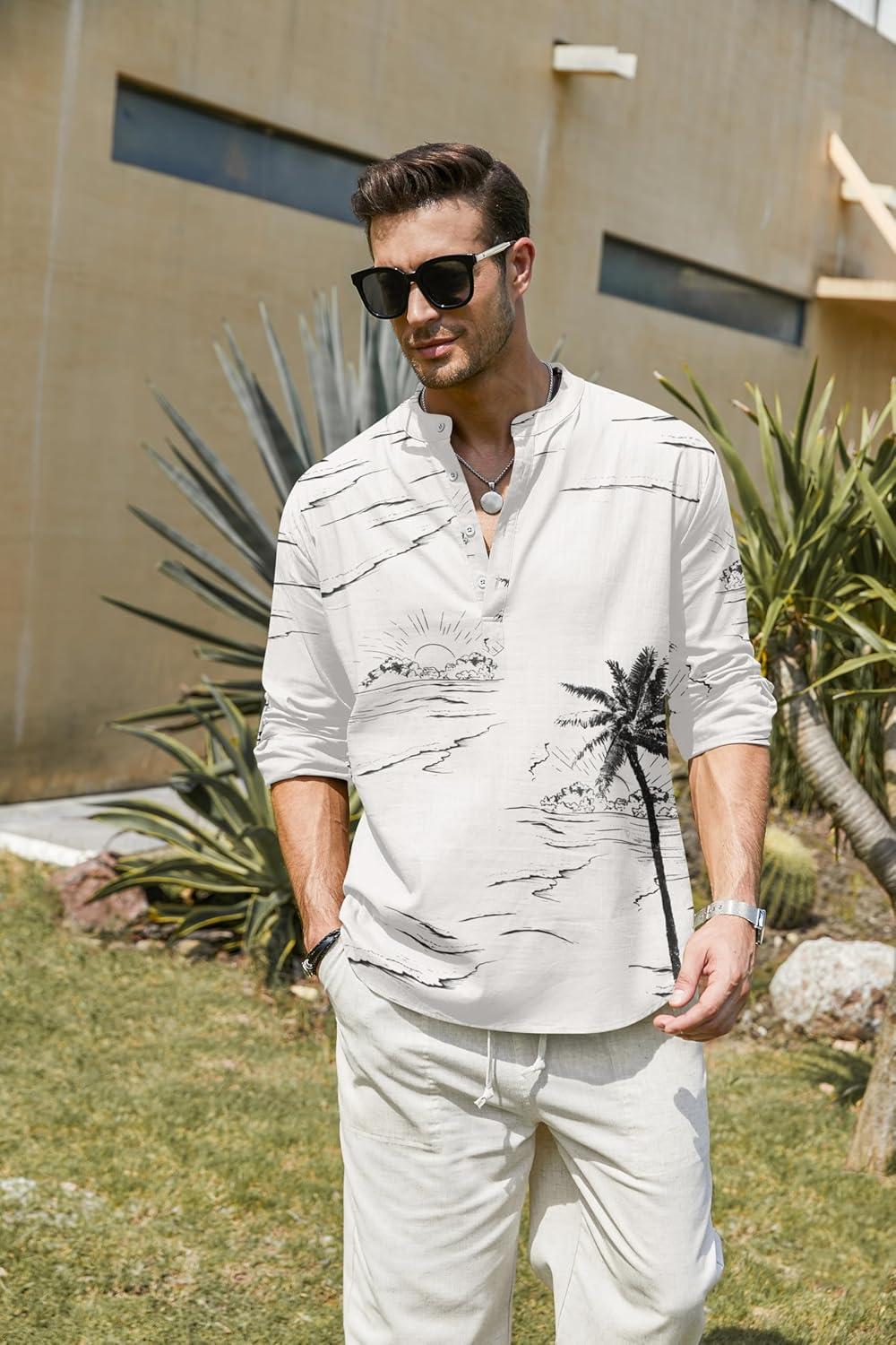 imageCOOFANDY Mens Cotton Linen Henley TShirt Long Sleeve Hippie Casual Beach TShirtsWhite Palm Tree