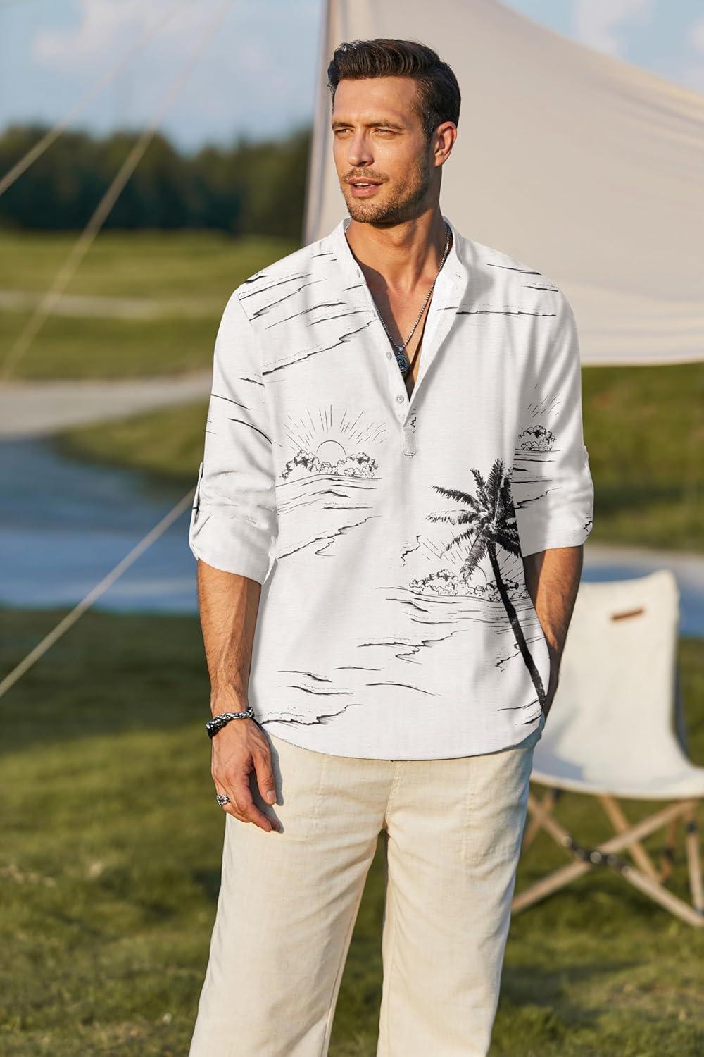 imageCOOFANDY Mens Cotton Linen Henley TShirt Long Sleeve Hippie Casual Beach TShirtsWhite Palm Tree