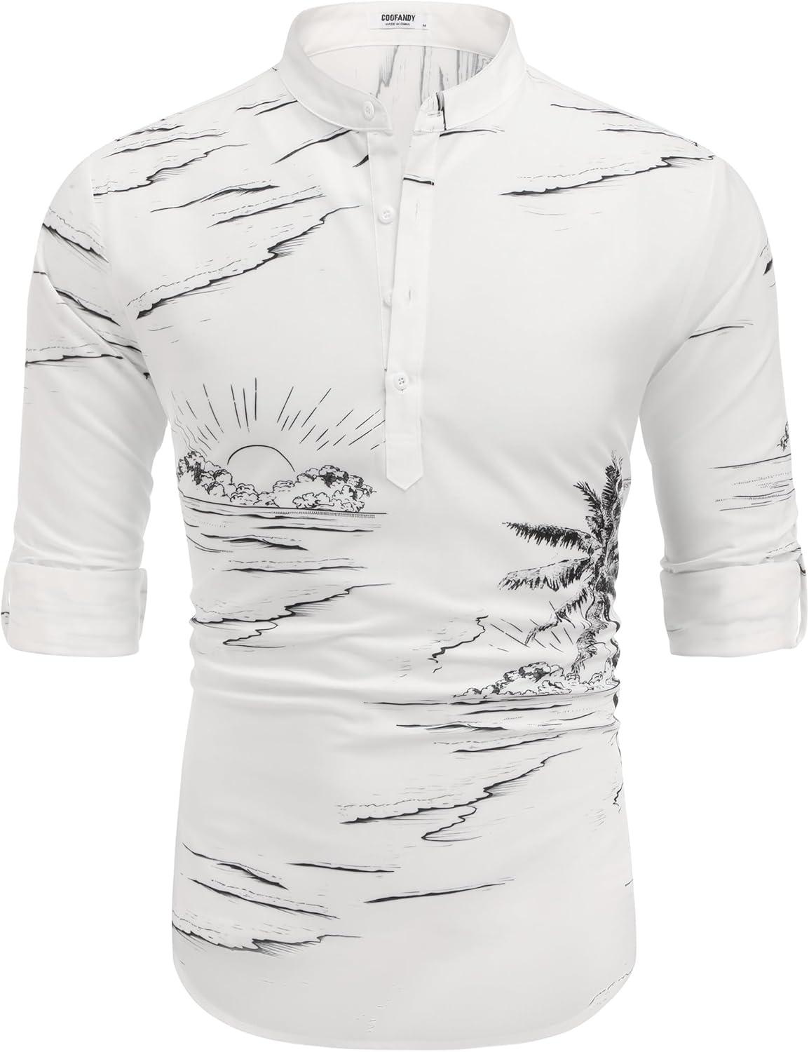 imageCOOFANDY Mens Cotton Linen Henley TShirt Long Sleeve Hippie Casual Beach TShirtsWhite Palm Tree