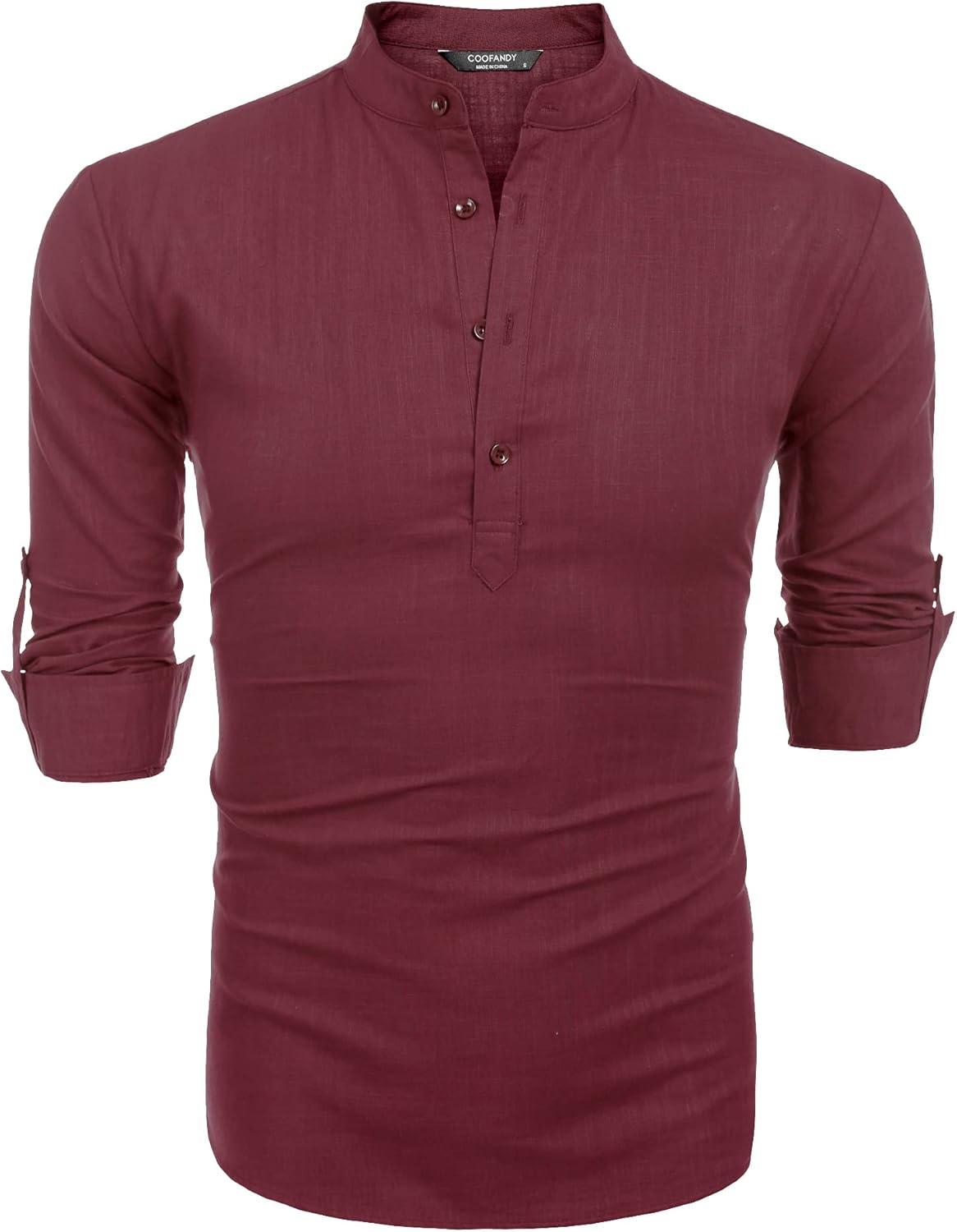 imageCOOFANDY Mens Cotton Linen Henley TShirt Long Sleeve Hippie Casual Beach TShirtsWine Red