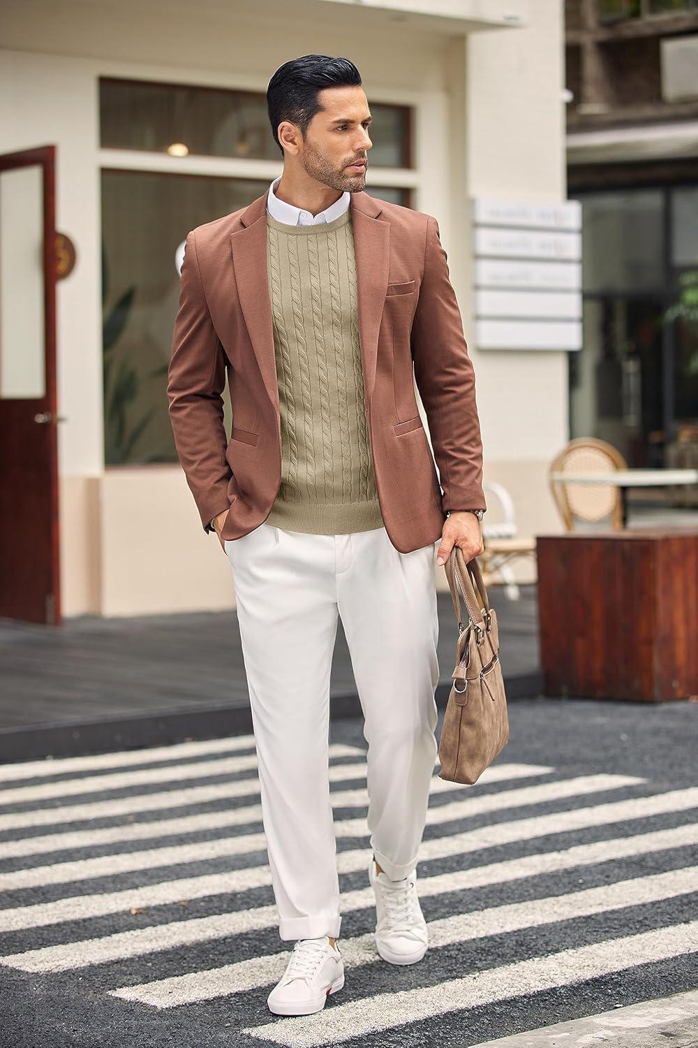 imageCOOFANDY Mens Crew Neck Sweater Slim Fit Lightweight Sweatshirts Knitted Pullover for Casual Or Dressy WearAkhaki