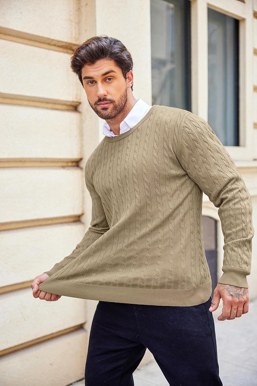 imageCOOFANDY Mens Crew Neck Sweater Slim Fit Lightweight Sweatshirts Knitted Pullover for Casual Or Dressy WearAkhaki