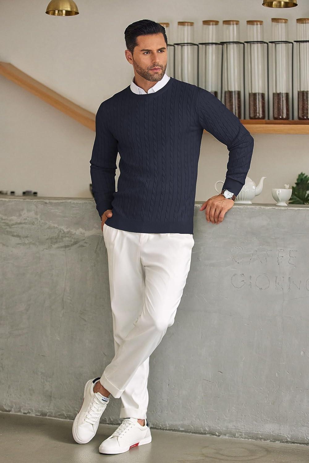 imageCOOFANDY Mens Crew Neck Sweater Slim Fit Lightweight Sweatshirts Knitted Pullover for Casual Or Dressy WearAnavy Blue