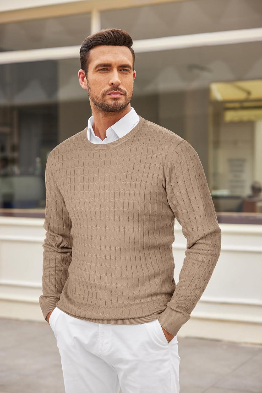 imageCOOFANDY Mens Crew Neck Sweater Slim Fit Lightweight Sweatshirts Knitted Pullover for Casual Or Dressy WearBdark Khaki