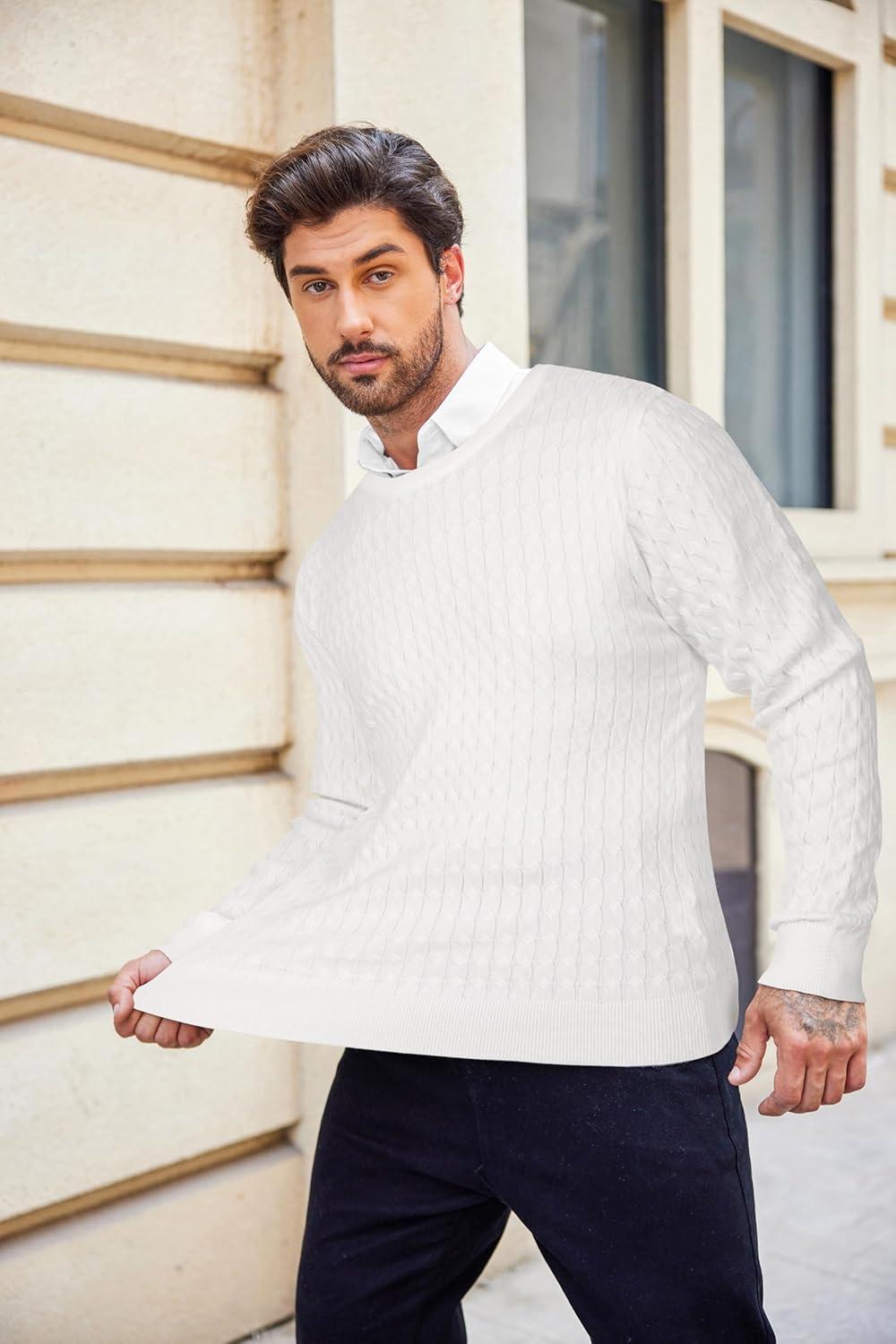 imageCOOFANDY Mens Crew Neck Sweater Slim Fit Lightweight Sweatshirts Knitted Pullover for Casual Or Dressy WearBwhite