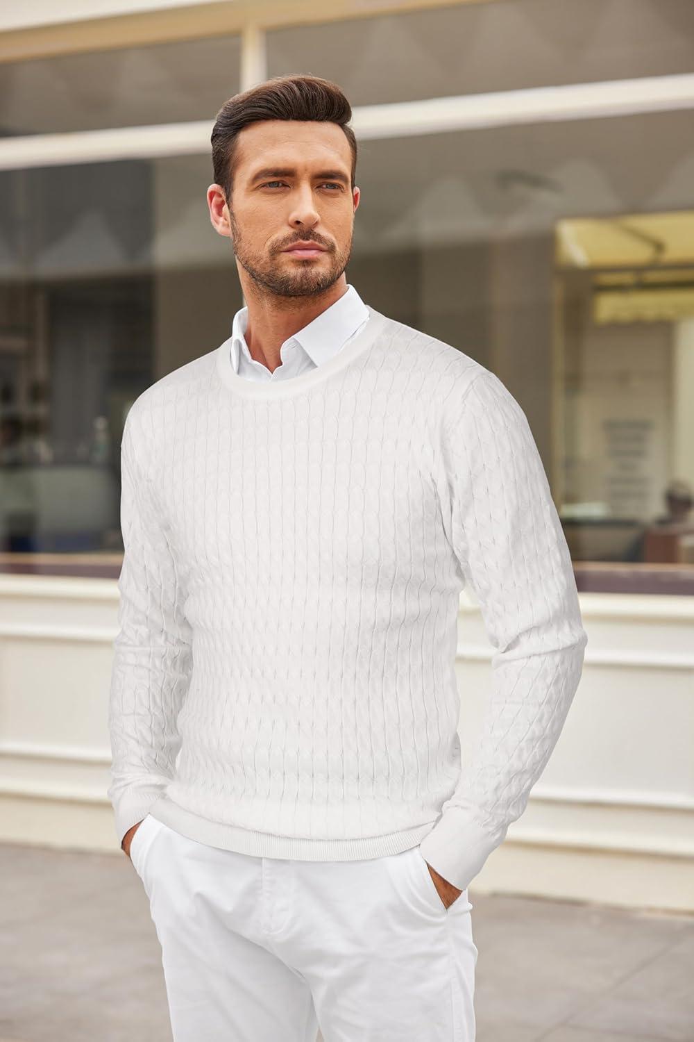 imageCOOFANDY Mens Crew Neck Sweater Slim Fit Lightweight Sweatshirts Knitted Pullover for Casual Or Dressy WearBwhite