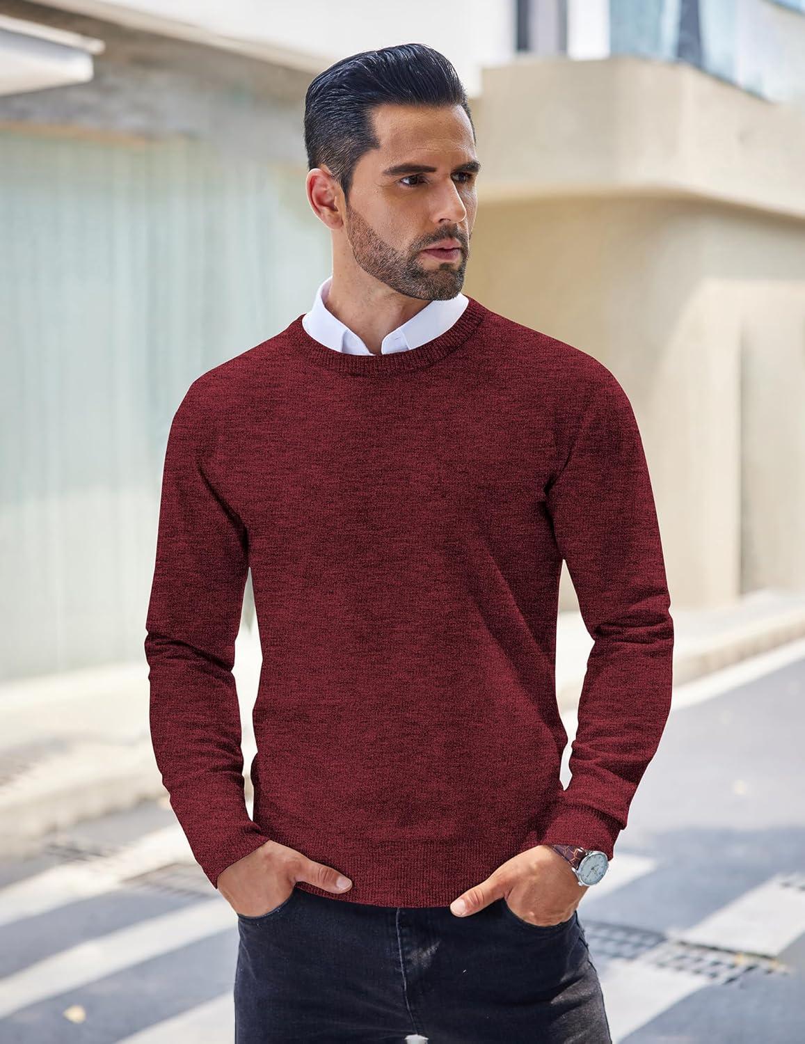 imageCOOFANDY Mens Crew Neck Sweater Slim Fit Lightweight Sweatshirts Knitted Pullover for Casual Or Dressy WearDark RedBlack Twotone Colors
