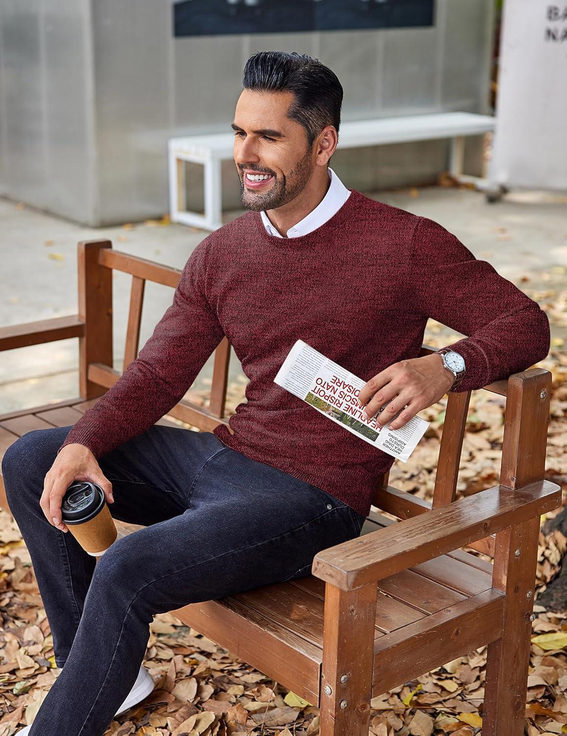 imageCOOFANDY Mens Crew Neck Sweater Slim Fit Lightweight Sweatshirts Knitted Pullover for Casual Or Dressy WearDark RedBlack Twotone Colors