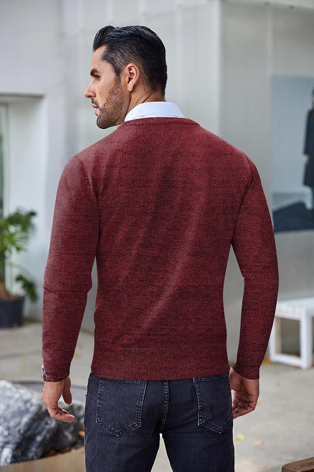 imageCOOFANDY Mens Crew Neck Sweater Slim Fit Lightweight Sweatshirts Knitted Pullover for Casual Or Dressy WearDark RedBlack Twotone Colors