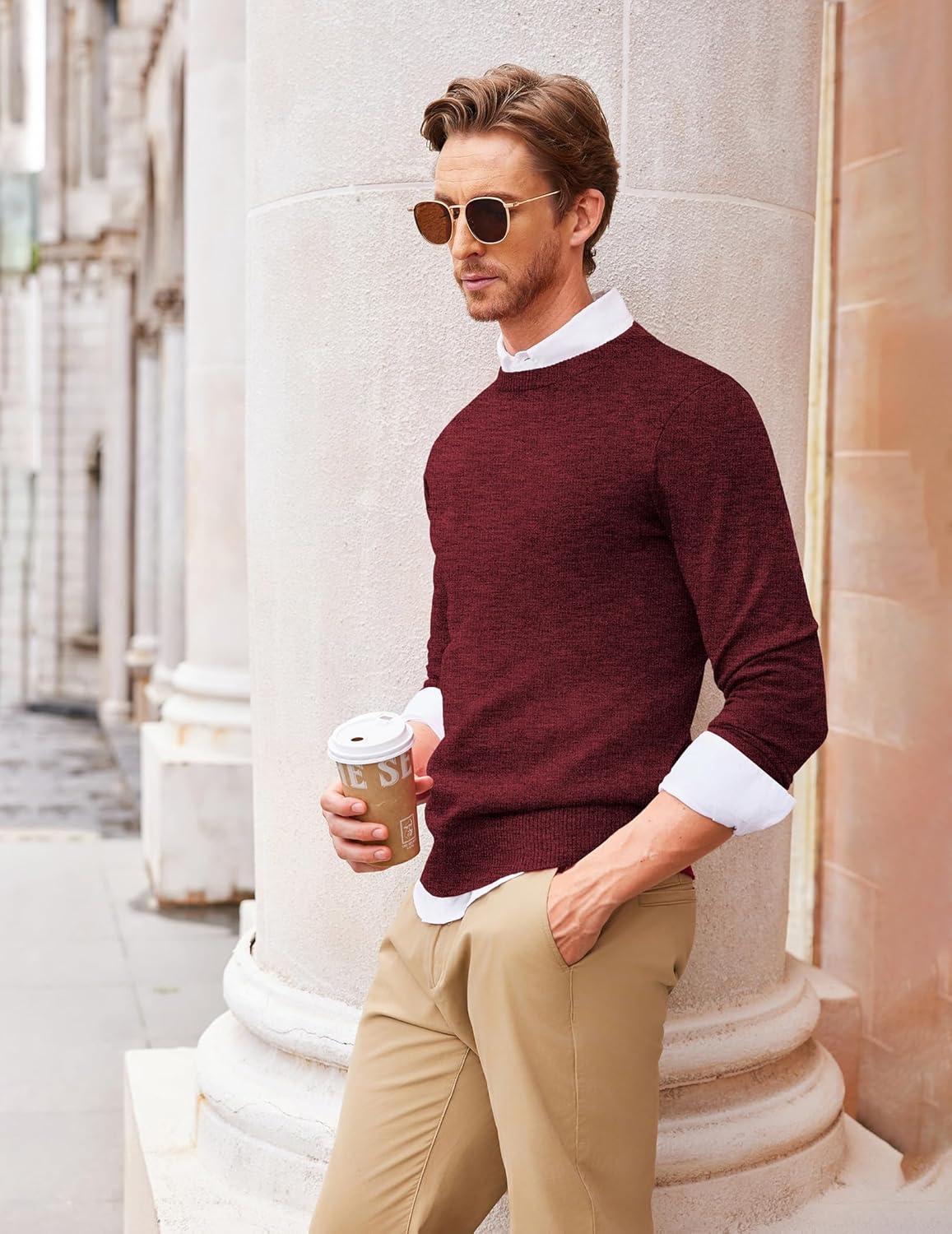 imageCOOFANDY Mens Crew Neck Sweater Slim Fit Lightweight Sweatshirts Knitted Pullover for Casual Or Dressy WearDark RedBlack Twotone Colors