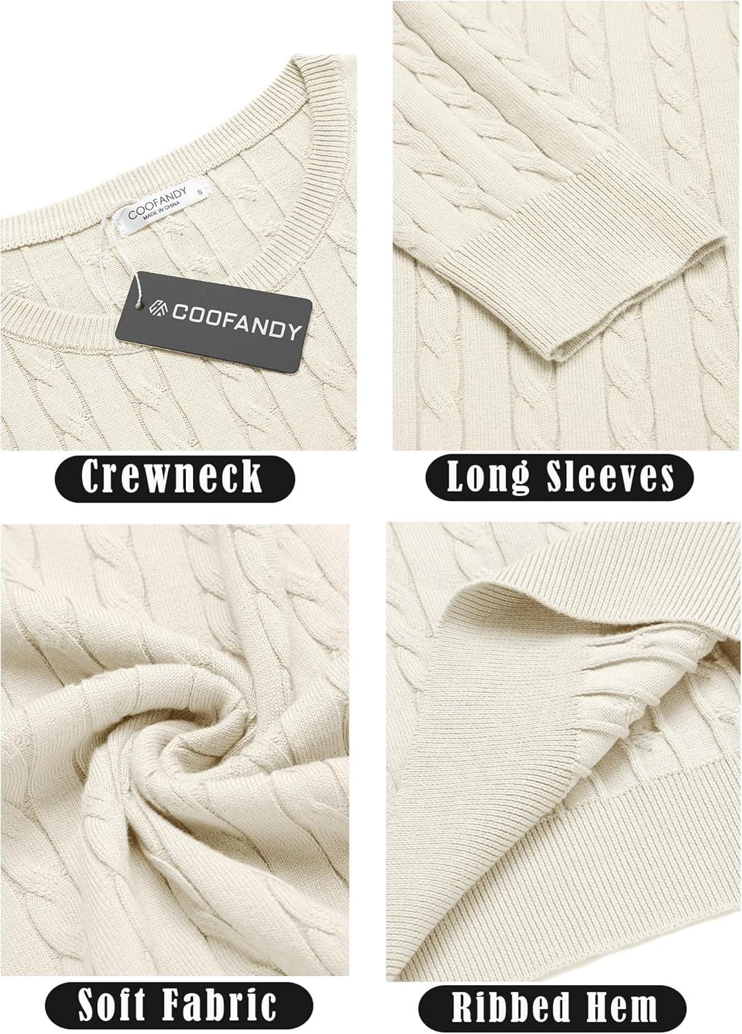 imageCOOFANDY Mens Crewneck Knit Sweater Slim Fit Lightweight Casual Twist Patterned Cable Knitted Pullover AWhite