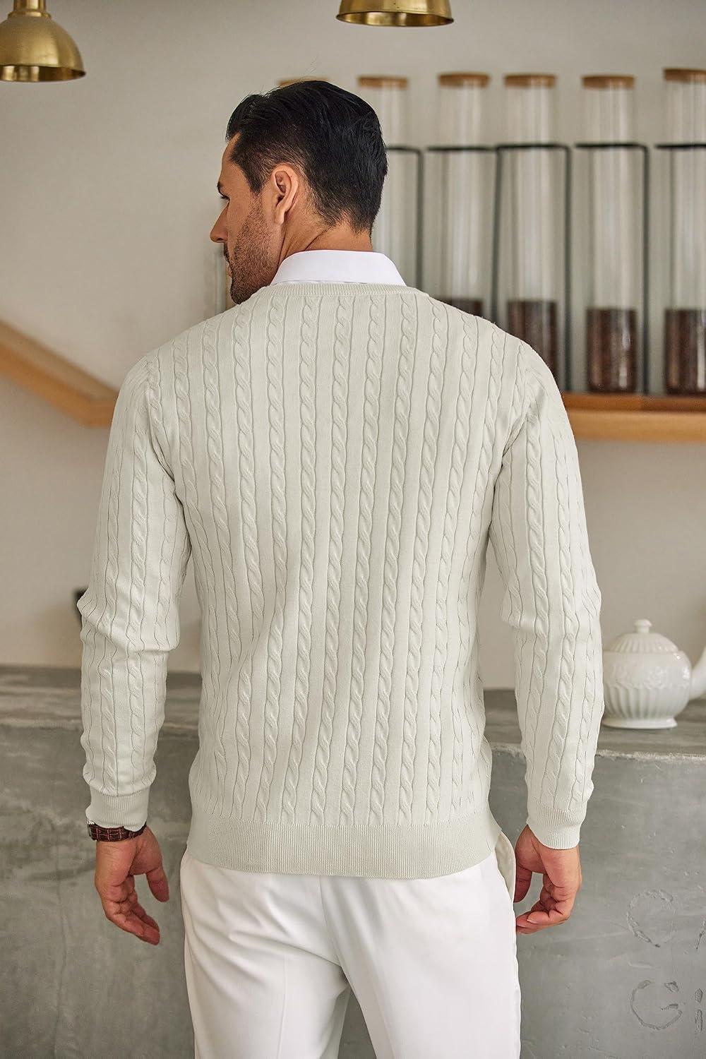 imageCOOFANDY Mens Crewneck Knit Sweater Slim Fit Lightweight Casual Twist Patterned Cable Knitted Pullover AWhite