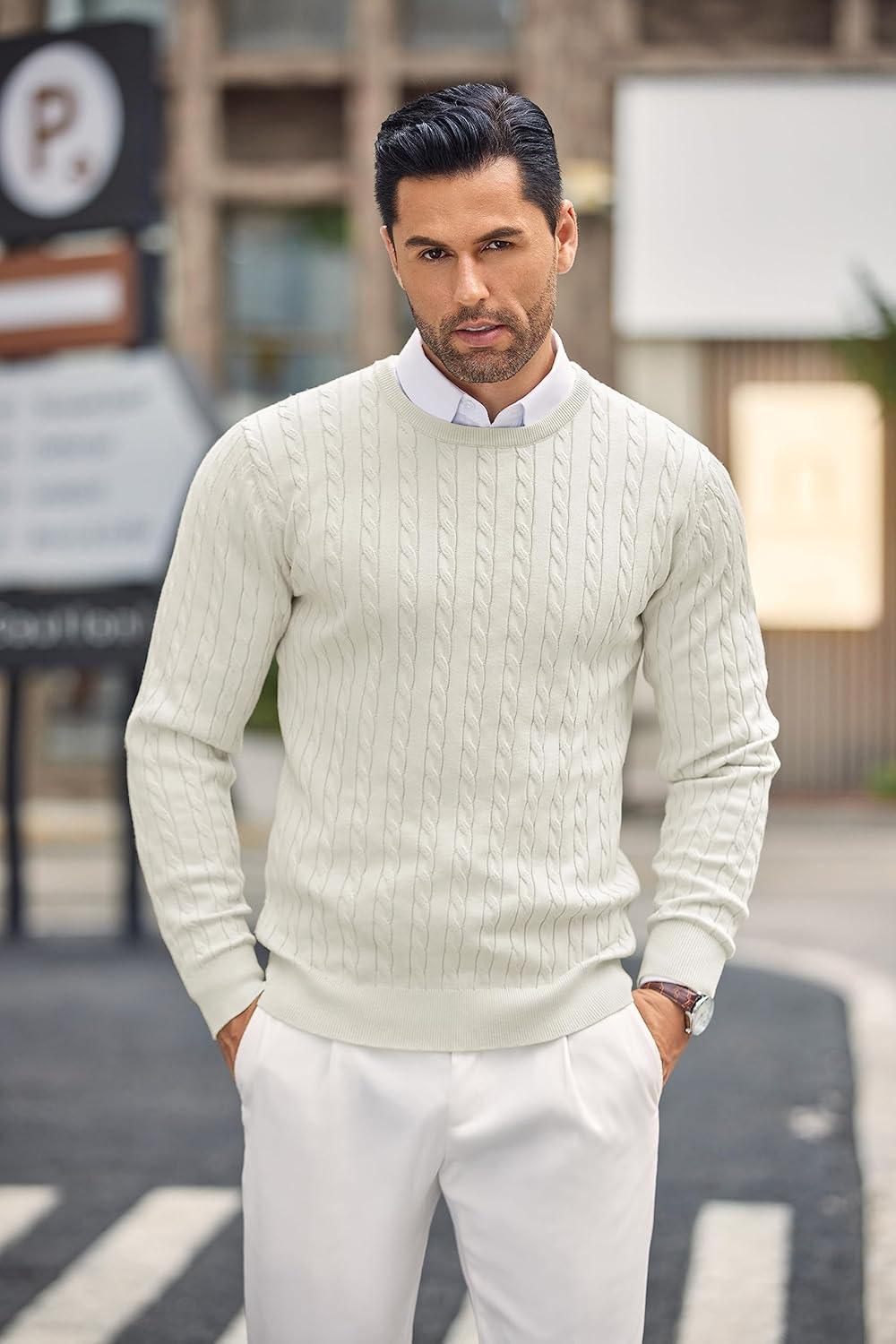 imageCOOFANDY Mens Crewneck Knit Sweater Slim Fit Lightweight Casual Twist Patterned Cable Knitted Pullover AWhite