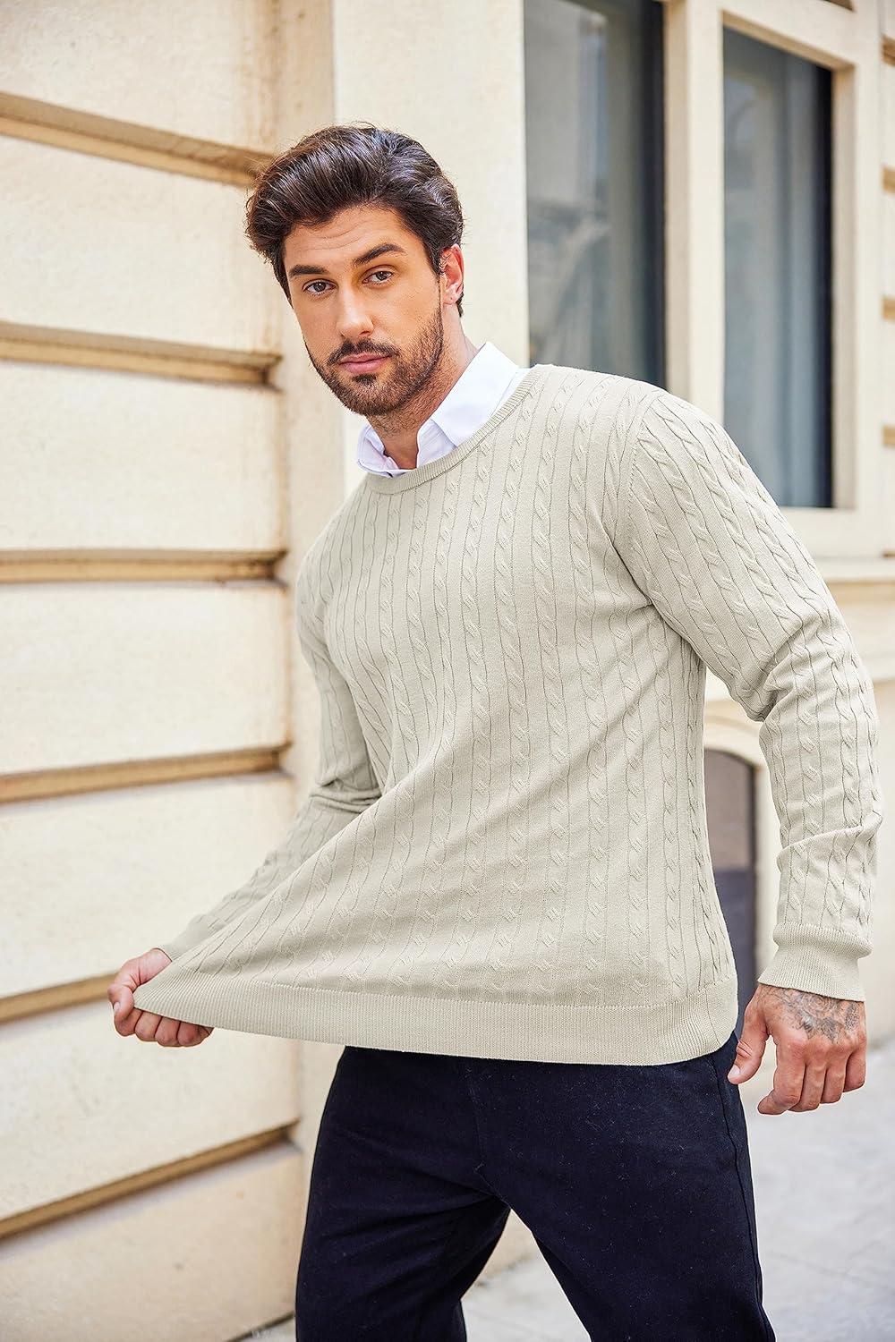 imageCOOFANDY Mens Crewneck Knit Sweater Slim Fit Lightweight Casual Twist Patterned Cable Knitted Pullover AWhite