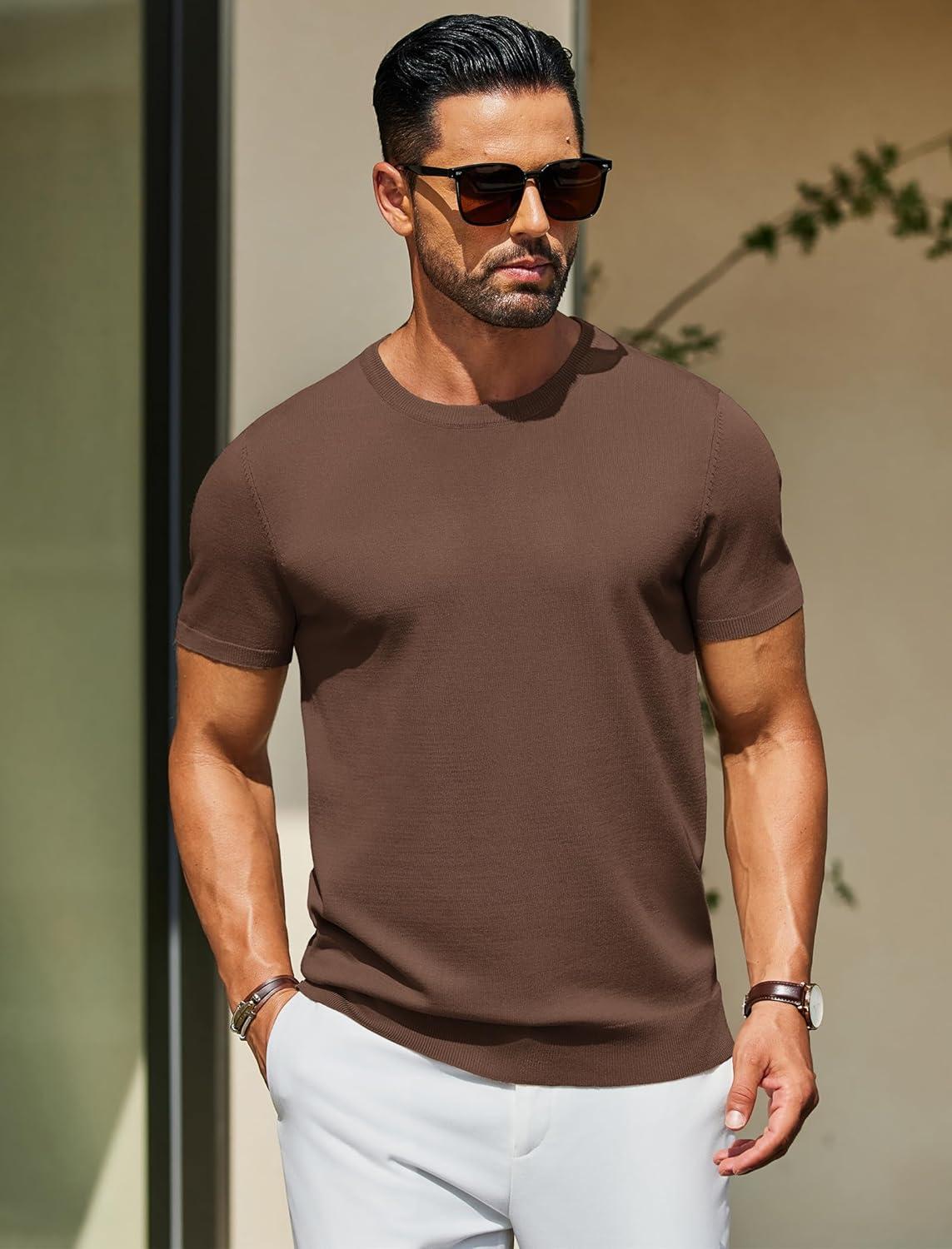 imageCOOFANDY Mens Crewneck Sweater Short Sleeve Casual Basic Tops Classic Fashion Knit Pullover TeesBrown