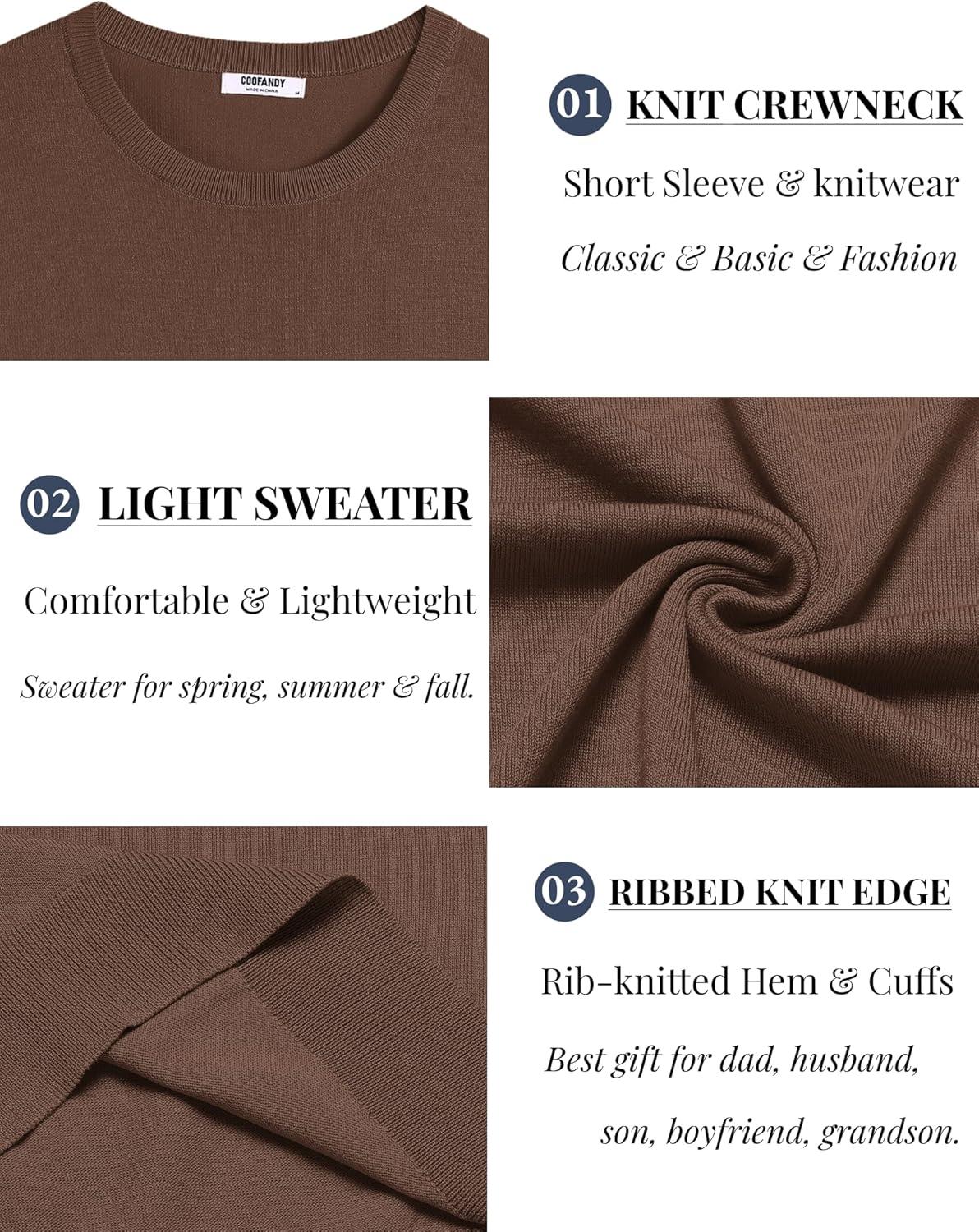 imageCOOFANDY Mens Crewneck Sweater Short Sleeve Casual Basic Tops Classic Fashion Knit Pullover TeesBrown