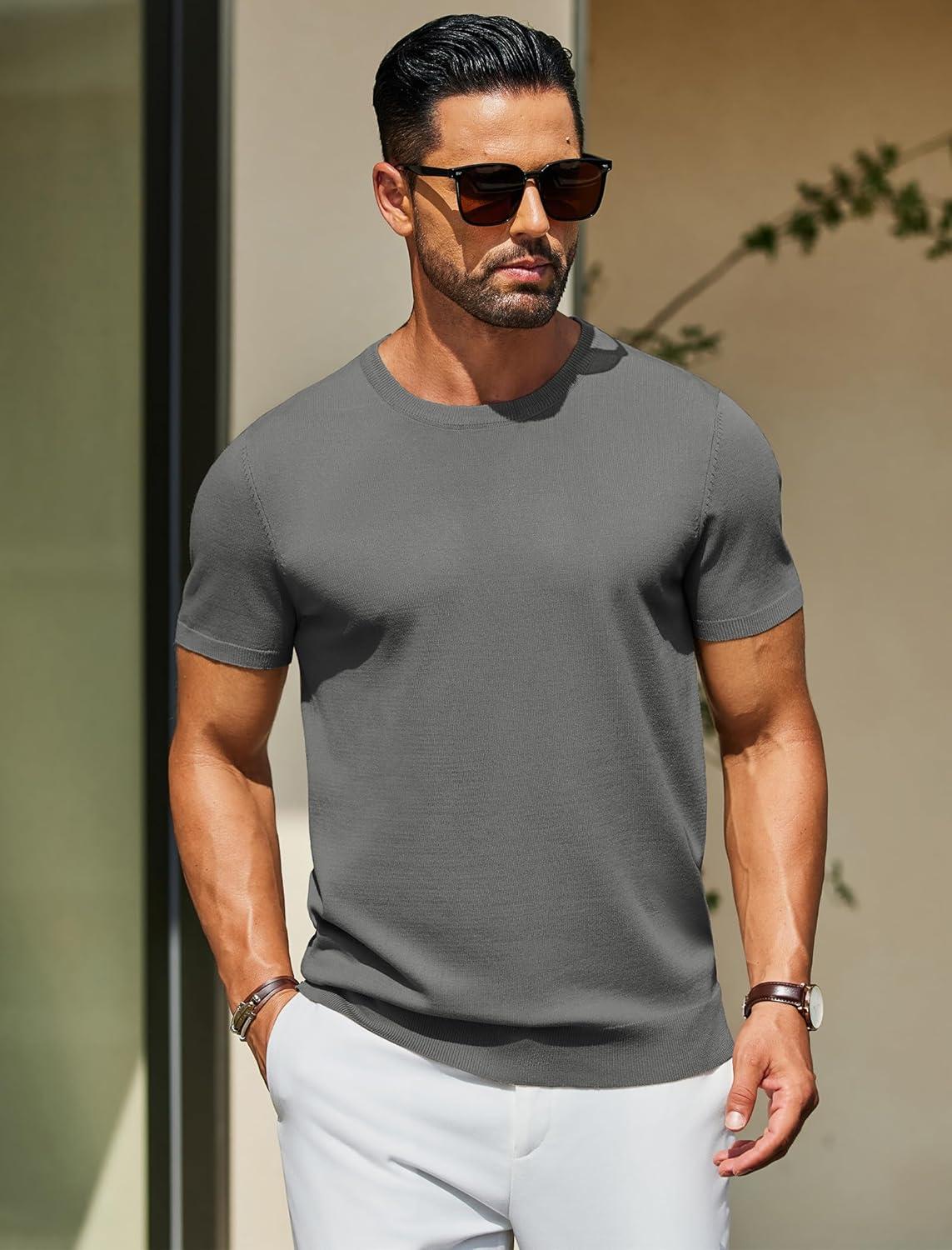 imageCOOFANDY Mens Crewneck Sweater Short Sleeve Casual Basic Tops Classic Fashion Knit Pullover TeesDark Grey