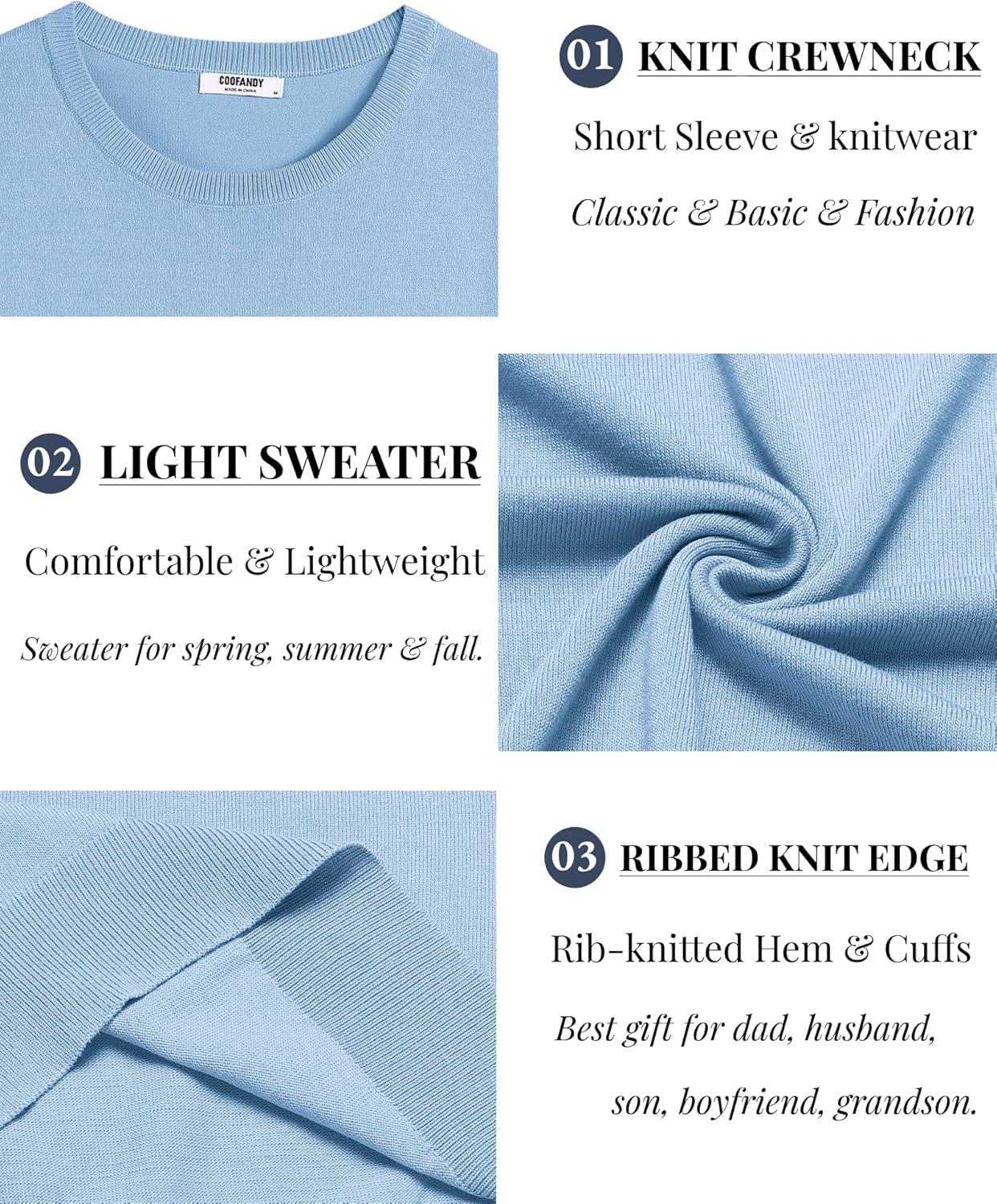 imageCOOFANDY Mens Crewneck Sweater Short Sleeve Casual Basic Tops Classic Fashion Knit Pullover TeesLight Blue