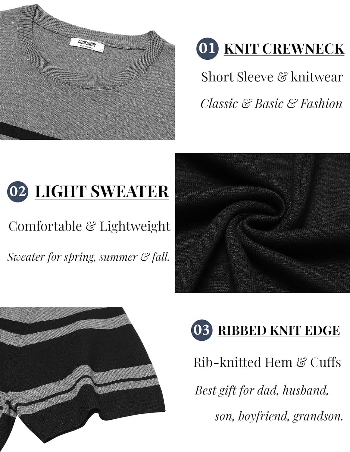imageCOOFANDY Mens Crewneck Sweater Short Sleeve Casual Basic Tops Classic Fashion Knit Pullover TeesStripe Black Grey