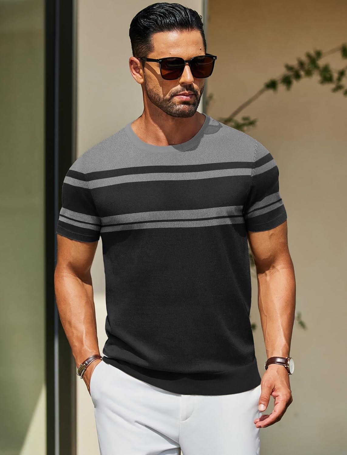 imageCOOFANDY Mens Crewneck Sweater Short Sleeve Casual Basic Tops Classic Fashion Knit Pullover TeesStripe Black Grey